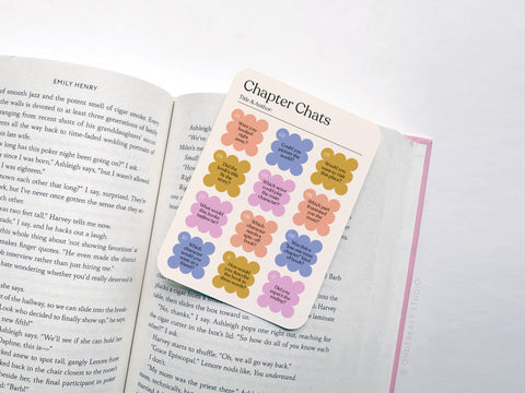The Chapter Chats Book Review Card Set by Onderkast Studio features a colorful card with nine pastel conversation prompts, perfect for discussing chapters and reviewing books. Printed in the USA.