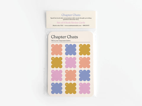 The Chapter Chats Book Review Card Set by Onderkast Studio includes 8 book review cards with twelve colorful, flower-shaped response spaces and creative prompts. Printed in the USA.