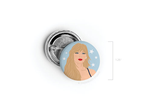 The Onderkast Studio TS Midnights Pinback Button features an illustrated blonde woman with red lipstick on a blue, starry background. Measuring 1.25 in diameter, its perfect for Swifties who love celestial designs.