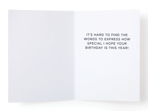 The Onderkast Studio Happy Birthday Word Search Greeting Card features ITS HARD TO FIND THE WORDS TO EXPRESS HOW SPECIAL I HOPE YOUR BIRTHDAY IS THIS YEAR! on the right side, with a blank left side for your personal birthday wishes.
