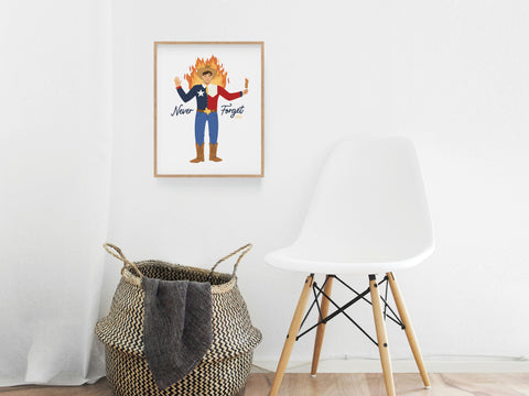 The Never Forget Blazing Big Tex Art Print by Onderkast Studio hangs framed on a white wall above a woven basket and beside a modern white chair, adding bold character to this minimalistic space.