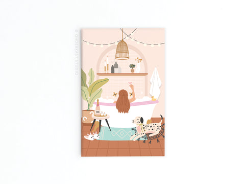 Illustration of a woman with long hair enjoying a bubble bath with wine, plants, snacks, and three pets. Features the Bubblebath Cheers Refrigerator Magnet by Onderkast Studio—a charming luxury accessory for any bathroom.