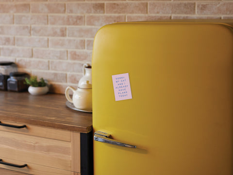 A cozy kitchen features a yellow retro fridge with the My Cat and I Refrigerator Magnet by Onderkast Studio that reads, “Sorry, my cat and I already have plans today,” set against a brick wall with wooden counter, teapot, cups, and jars.