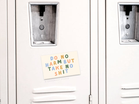 The Do No Harm But Take No Shit Refrigerator Magnet by Onderkast Studio features a bold, colorful sign and empowering message. Printed in the USA, this magnet stands out on any white locker or fridge.