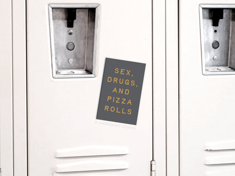 The Sex Drugs and Pizza Rolls Refrigerator Magnet by Onderkast Studio features bold yellow lettering and is printed in the USA—an eye-catching addition to any locker or fridge.