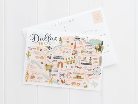 The Dallas Map Postcard by Onderkast Studio features playful illustrations of iconic Dallas landmarks, neighborhoods, and lively city scenes. This colorful postcard comes with a white envelope.