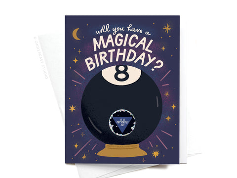 The Magic 8-Ball Birthday Scratch-Off Greeting Card by Onderkast Studio features stars and a crescent moon, asks Will you have a magical birthday?—and reveals, It is decidedly so! A fun way to send birthday wishes.