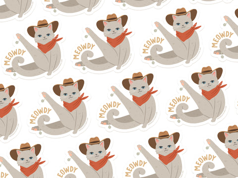 The Meowdy Sticker by Onderkast Studio features gray cowboy cats with hats, red bandanas, and raised paws. Each cat is accompanied by “MEOWDY” on a white background—ideal for a playful die cut vinyl sticker design.