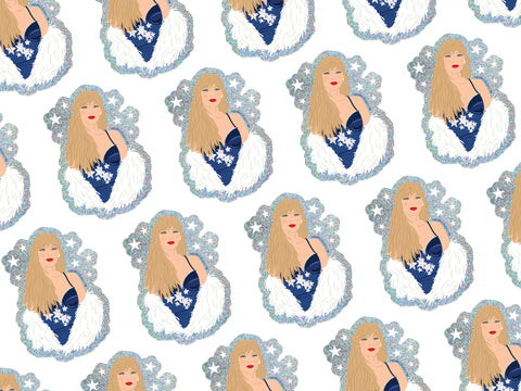 TS Midnights Glitter Sticker by Onderkast Studio features illustrated women in blue dresses with blonde hair, white fur shawls, and flower crowns on a silver glitter star background—perfect for any Swiftie!.