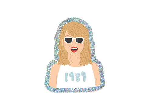 Illustration of a blonde woman in white sunglasses, red lipstick, and a 1989 tank top with a sparkly border—perfect as the TS 1989 Glitter Sticker by Onderkast Studio, made from weatherproof vinyl.
