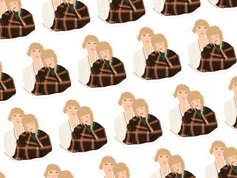 A seamless pattern of two women—one in a white sweater, one in a brown plaid jacket—standing close together, ideal for the TS Folkevermore Sticker by Onderkast Studio or weatherproof vinyl designs.