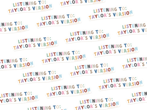 The Listening To Taylor’s Version Sticker by Onderkast Studio features a repeating pattern of weatherproof vinyl stickers in pastel colors, perfect for fans celebrating Taylor’s re-recordings.