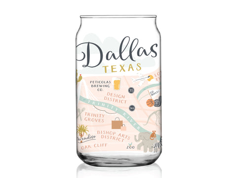 The Dallas Map Can Glass by Onderkast Studio features a vibrant city map illustration with colorful text and images of landmarks like Trinity Groves, Bishop Arts District, the zoo, and the Design District on clear glass.
