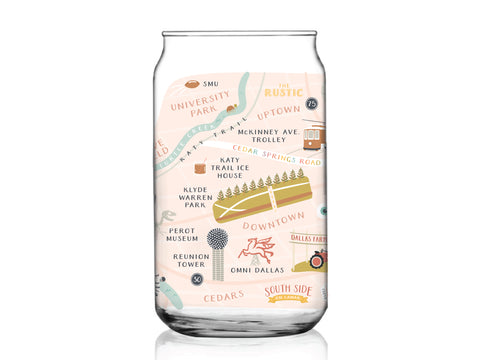 The Dallas Map Can Glass by Onderkast Studio displays a lively city map of Dallas with playful icons and street names, featuring landmarks like University Park, Downtown, Reunion Tower, Perot Museum, and Uptown.