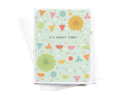 The It’s Party Time! Banner Decor Greeting Card by Onderkast Studio features vibrant paper fans, bunting, and confetti on a light green background with ITS PARTY TIME! at the center. Includes a white envelope—perfect as a festive party banner card.