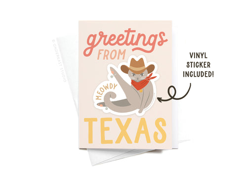The Greetings From Texas Meowdy Sticker Greeting Card by Onderkast Studio features a cowboy cat on white card stock and includes a matching vinyl sticker.
