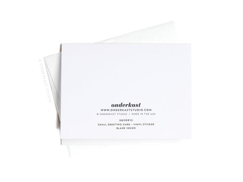 The back of a thick white card stock A1 It’s What Is Inside That Truly Counts Piñata Sticker Greeting Card by Onderkast Studio shows black onderkast text, website, product info, and “small greeting card • vinyl sticker blank inside.” Envelope partially visible.