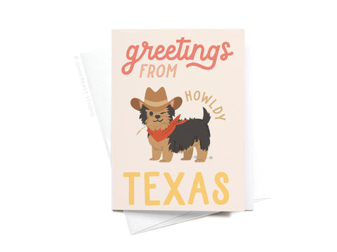 Onderkast Studios Greetings From Texas Sticker Greeting Card features a cartoon dog in a cowboy hat and red bandana with Greetings from HOWLDY TEXAS on a cream background, printed on quality white card stock.