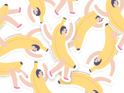 The Banana Girl Sticker by Onderkast Studio features cheerful bananas with arms, legs, smiling faces, and pink shoes on a white background—plus, theyre water resistant for lasting fun.