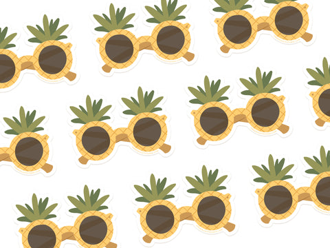 The Pineapple Sunglasses Sticker by Onderkast Studio features a repeat pattern of quirky pineapple sunglasses on white, made from durable vinyl and water-resistant—perfect for lasting fun.