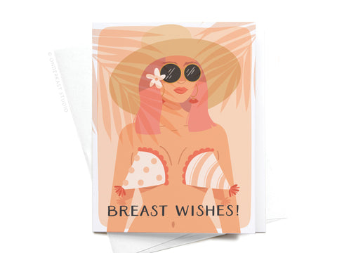 The Breast Wishes! Greeting Card by Onderkast Studio features a woman in a sunhat, sunglasses, and quirky bikini tops, with palm and sunlight details. This illustrated birthday card delivers pun-filled charm for any celebration.