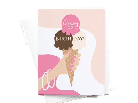 The Happy Birthday! Ice Cream Cone Greeting Card by Onderkast Studio features a light background and a design of a hand holding a triple-scoop cone with happy and BIRTH DAY!—a perfect premium birthday card.