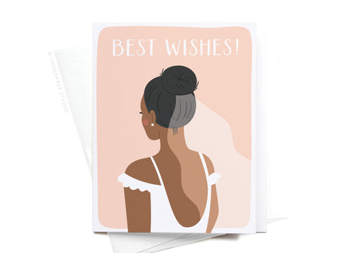 Onderkast Studio’s “Best Wishes Bride Greeting Card” features a dark-skinned woman with a bun in an open-back white dress, facing away, on a soft peach background. The perfect wedding day card, it reads “Best Wishes!”.