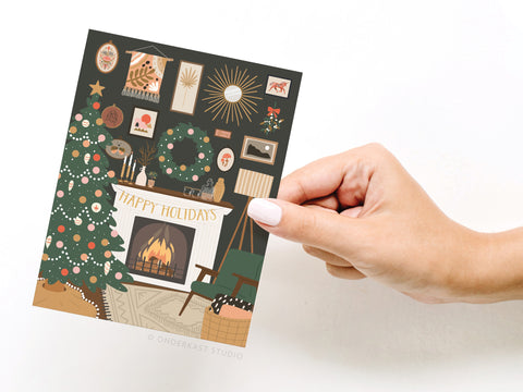 Happy Holidays Cozy Fireplace Greeting Card