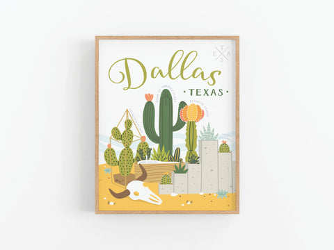The Dallas Succulent Skyline Art Print by Onderkast Studio features illustrated cacti, a cow skull, desert plants, and mountains with “Dallas TEXAS” in decorative fonts on a white background.