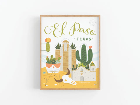 The Onderkast Studio El Paso Succulent Skyline Art Print features cactus illustrations, a mission church, and a cow skull beneath El Paso, Texas.