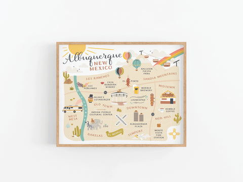 The Albuquerque Map Art Print by Onderkast Studio captures New Mexico’s Southwest charm with neighborhoods, Sandia Mountains, Old Town, Balloon Fiesta Park, Nob Hill, plus whimsical cacti, hot air balloons, and a rainbow.