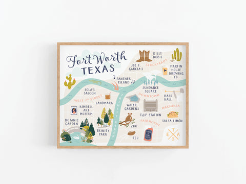 Discover the Fort Worth Map Art Print by Onderkast Studio—an illustrated tribute featuring landmarks like the Stockyards, Trinity Park, Water Gardens, and Billy Bob’s, capturing local attractions and Western charm in a premium art piece.