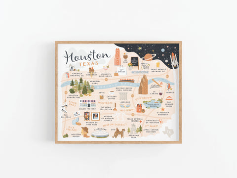 Houston Map Art Print by Onderkast Studio features colorful, whimsical illustrations of Houstons neighborhoods, landmarks, parks, museums, and attractions—charmingly bordered with trees and stars.