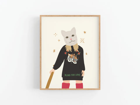 The TS Reputation Art Print by Onderkast Studio features a bold illustration of a figure in a white cat mask, tiger dress with “BLIND FOR LOVE,” red boots, and a bat—perfect cat mask artwork for Swifties merchandise fans.