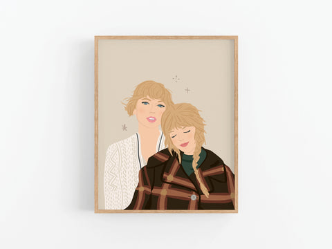 The TS Folkevermore Art Print by Onderkast Studio features two blonde women—one smiling, one leaning in patterned outerwear—on a beige background with star accents, perfect for fans of folklore and evermore art.