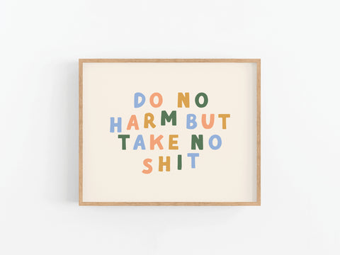 The Onderkast Studio Do No Harm Art Print features the phrase “Do no harm but take no shit” in playful blue, orange, and green on cream for a premium minimalist look. Framed and vibrant, it adds bold style to any space.