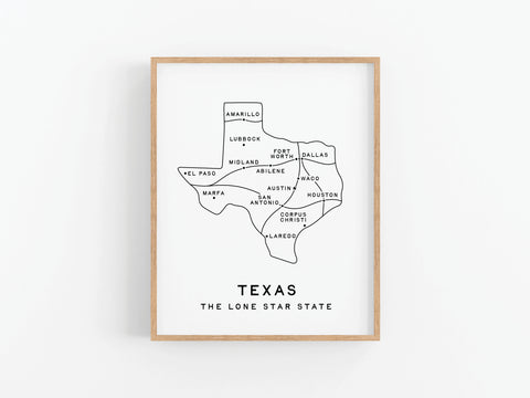 The Texas Map Art Print by Onderkast Studio features a minimalist Texas map in a wooden frame, labeled with major cities and TEXAS plus The Lone Star State—the perfect wall decor for any space.