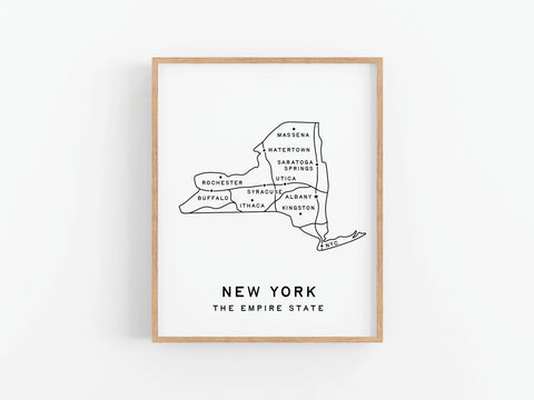 Onderkast Studio’s New York Map Art Print features a minimal design, highlights cities like Buffalo, Rochester, and Albany, and includes “NEW YORK THE EMPIRE STATE” text—perfect for adding modern style to your space.