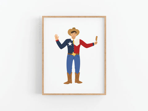 Onderkast Studios Big Tex Art Print features a smiling cowboy in a Texas flag shirt, blue jeans, boots, and hat, holding a sausage and waving—perfect for celebrating the iconic State Fair mascot. Displayed in a wooden frame.