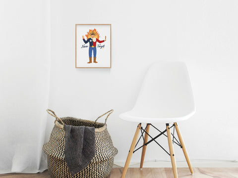 A white chair sits beside a woven basket holding a gray towel. Above, the Never Forget Blazing Big Tex Art Print by Onderkast Studio adds Texas charm. A cartoon with spiky hair and Now Try! completes the modern minimalist style.