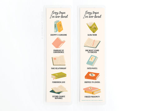 The Every Trope Ive Ever Loved Laminated Bookmark from Easyhand Goods features cute book and heart graphics with favorite romance tropes like Grumpy x Sunshine and Enemies to Lovers—an adorable accessory for any book lover!.