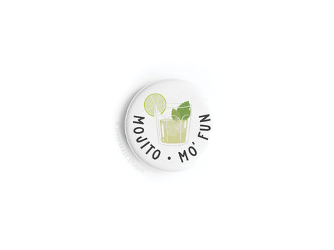 Add tropical flair to your fridge with the Mojito Mo’ Fun Button Magnet by Onderkast Studio, featuring a mojito illustration with lime, mint, and the phrase “MOJITO • MO’ FUN” on a crisp white background.
