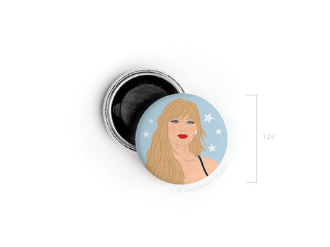 The Onderkast Studio TS Midnights Button Magnet is a 1.25-inch round magnet featuring an illustrated woman with long blonde hair, red lipstick, and a starry blue background, evoking celestial vibes. An open black-backed pin is shown beside it.
