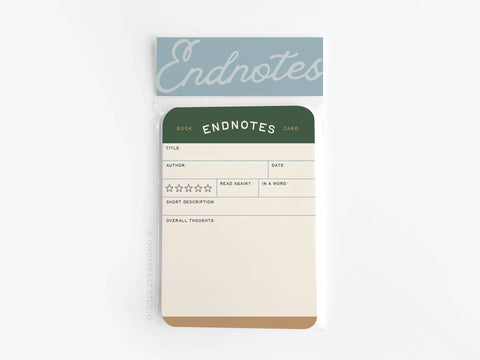 The Endnotes Book Review Card Set by Onderkast Studio features vibrant, premium card stock notepads with prompts for title, author, date, rating, and more—perfectly packaged in minimalist style.
