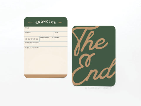 Two cards from the Onderkast Studio Endnotes Book Review Card Set are shown: the front reads The End in large script on dark green, and the back is a vibrantly colored template with sections for title, author, rating, notes, and thoughts.