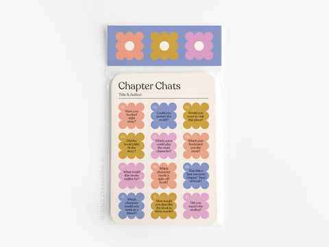 The Chapter Chats Book Review Card Set by Onderkast Studio features pastel flower-shaped conversation prompts and a decorative floral header in pink, yellow, purple, and blue—printed in the USA.