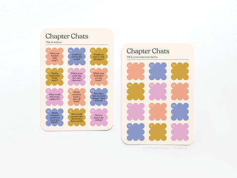 The Chapter Chats Book Review Card Set by Onderkast Studio features two pastel cards: one with conversation prompts in flower shapes, and one blank for responses. Both have a minimalist design and are printed in the USA.