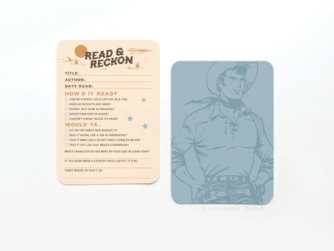 The Read & Reckon Book Review Card Set by Onderkast Studio includes two vintage western-themed cards: one with checkboxes and prompts, the other featuring a blue-toned cowboy illustration, both vibrantly printed on premium card stock.