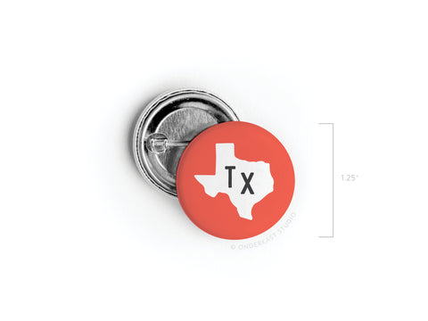 Display your Texas pride with the Red TX Pinback Button by Onderkast Studio. This 1.25-inch button features a white Lone Star State outline with bold black TX letters, shown front and back.
