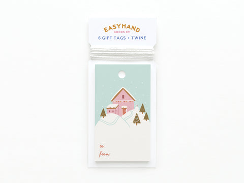 Pink Winter House on a Hilltop Gift Tag